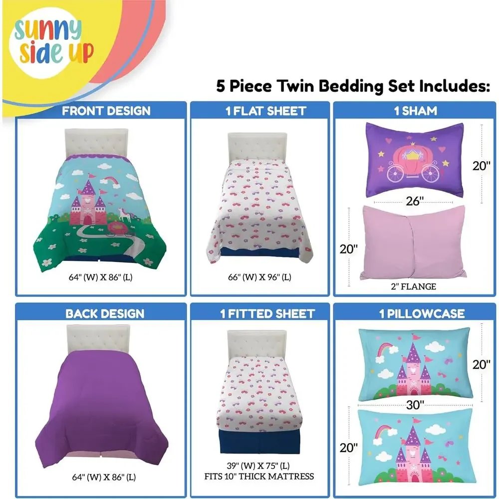 NEW Sunny Side Up Princess Castle 5 Piece Twin Comforter + Sheet Set